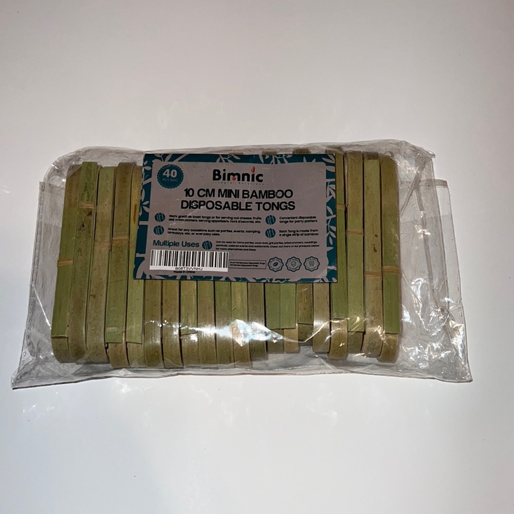 NIB 40 Pieces Mini Bamboo Disposable Tongs (4in/ 10cm)